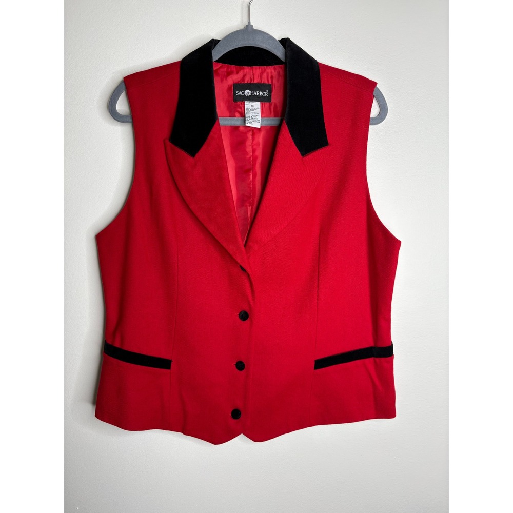 Vintage Sag Harbor Red Wool Vest Black Velvet Collar Button Front Women's Sz 16